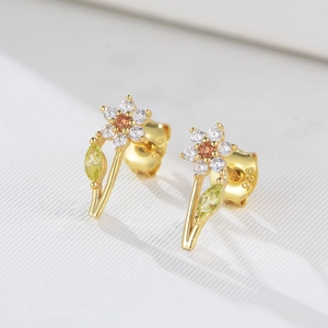Detail of S925 sterling silver flower stud earrings with colorful zircon stones