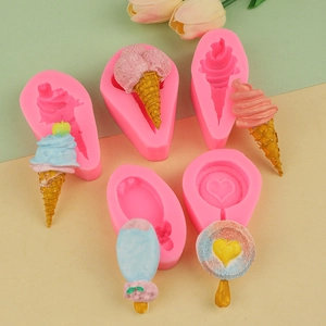 Mini pink silicone molds for ice cream and chocolate cake decorating on a pastel background