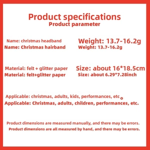 Close-up of Christmas headband specifications showing weight and dimensions in felt materials