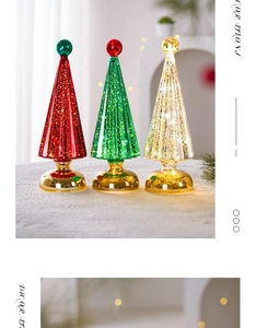Detailed close-up of mercury glass Christmas tree lamps with LED lights on golden bases