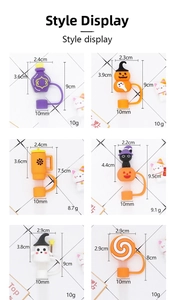 Detailed grid of 10mm Halloween straw toppers with pumpkin, ghost, and cat shapes