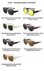 Detail view of seven color variations for oversized polarized fit-over sunglasses