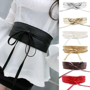 Women wide faux leather obi belt with wrap-around tie for dresses and coats