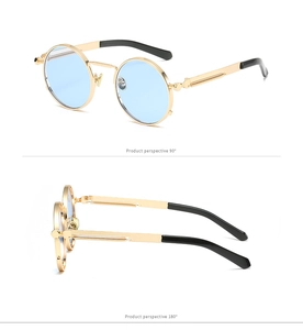 Detail of steampunk sunglasses with gold metal spring temples and blue transparent lenses