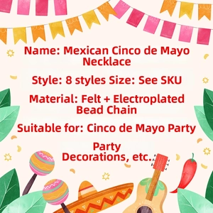 Detail card of 8 Cinco de Mayo necklaces with felt charms and metallic beads for parties