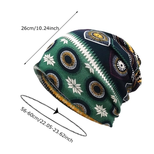 Ethnic knit beanie scarf with green snowflake pattern and elastic street style design