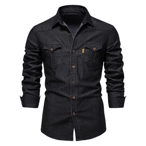 Men's denim long sleeve shirt in dark grey with double chest pockets on white background