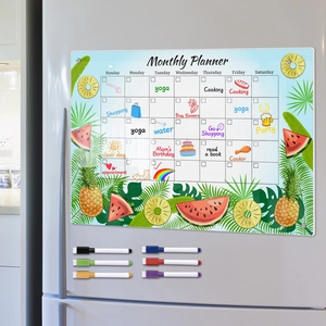 Close-up of magnetic acrylic monthly planner on fridge with six colorful markers