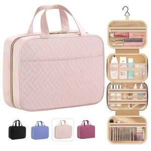 Hanging Toiletry Bag Quilted Diamond Pattern Polyester Waterproof Cosmetic Organizer With Hook For Travel Portable Women