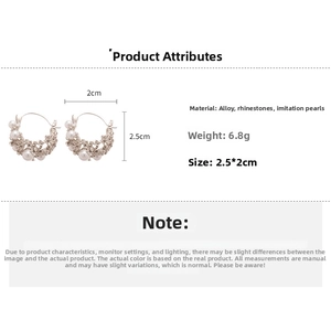 Detail of round hollow flower basket earrings with pearls and rhinestones