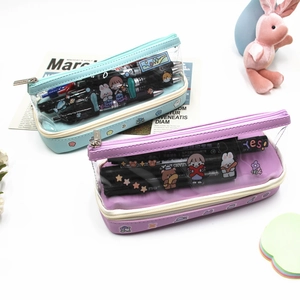 Trousse à crayons transparente double couche en bleu et violet avec motifs de dessins