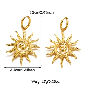Golden stainless steel sunburst earrings with spiral texture and precise dimensions