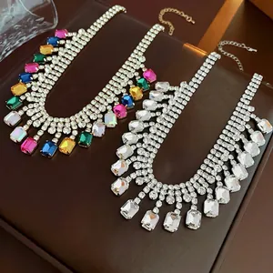 Collier Ras Du Cou De Luxe En Cuivre Avec Glands En Cristal Strass Carrés Style Français Bijoux De Fête Élégants Femmes