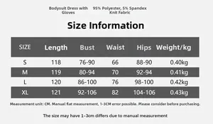 Size chart detail for strapless tube dress with mesh sleeves showing fabric specifications