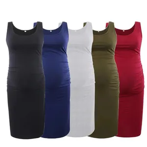 Maternity Dress Stretchy Ruched Side Bodycon Sleeveless Summer Pregnancy Wear Solid Color For Women