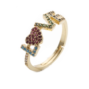 Detail of adjustable gold ring featuring LOVE letters set with colorful zircon stones