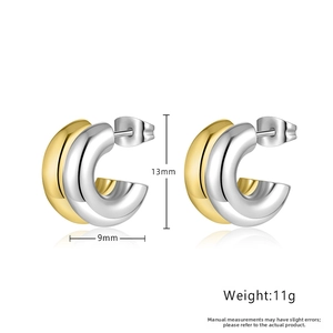 Technical dimensions of two-tone gold and silver C-shaped chunky earrings with weights