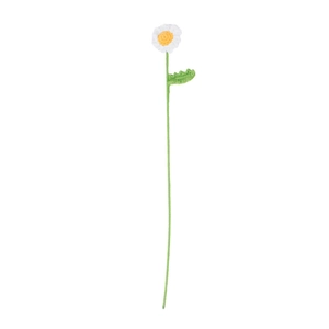 Handmade knitted white daisy flower with yellow center and green stem for festive gifts