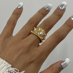Hammered Stainless Steel Ring With White Shell Artificial Pearl Retro Wide Open Adjustable Band Jewelry For Women
