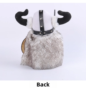 Back view of Viking gnome doll featuring grey faux fur, black horns and metallic studs