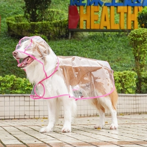 Transparent waterproof pet raincoat with pink trim for large dogs like Golden Retrievers