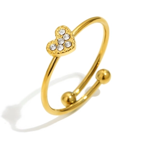 Anello aperto a cuore in acciaio inossidabile dorato 18K con pietre di zircone lucide