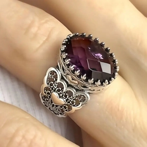 Vintage Barok Koperen Ring Dames Grote Ovale Paarse Glassteen Filigraan Hart Antiek Zilveren Kleur Prinses Stijl