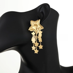 Detail view of 18k gold plated multi-layer star tassel earrings on display mannequin