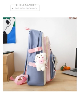 Side view of blue and pink school backpack with side buckle and plush bear pendant