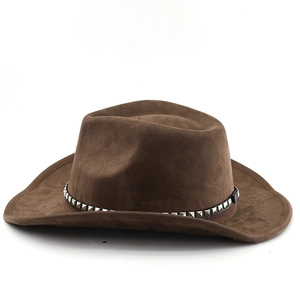 Close-up of dark brown suede cowboy hat featuring a black band with square metal studs
