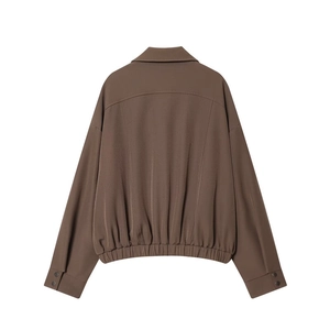 Veste bomber femme marron foncé avec col à revers, ourlet élastique et épaules tombantes