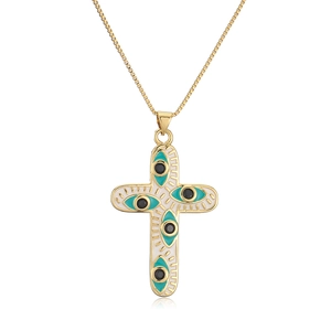 Detail of 18K gold plated cross pendant with white enamel and colorful evil eye stones