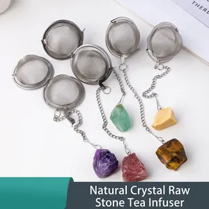 Natural Crystal Raw Stone Tea Infuser Stainless Steel Mesh Ball Strainer With Healing Mineral Pendant For Loose Leaf Tea