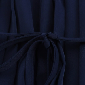Elegant French navy blue satin dress with waist tie and sophisticated pleated details
