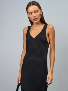 Detailed view of black V-neck sleeveless ribbed knit dress with slim fit silhouette