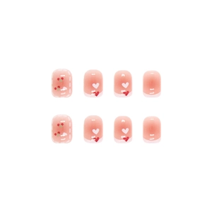 Pink gradient press-on nails with cute cherry patterns and French white tips