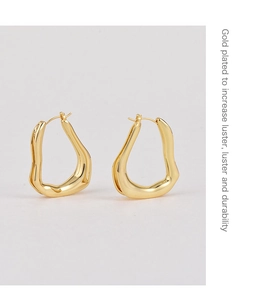 Detail showing the gold plated irregular geometric earrings with a high luster finish