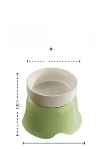 Detailed size chart showing 14cm diameter and 13cm height of elevated ceramic pet bowl