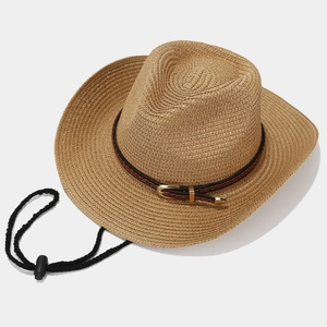 Classic woven straw cowboy hat with a brown leather buckle strap and windproof lanyard