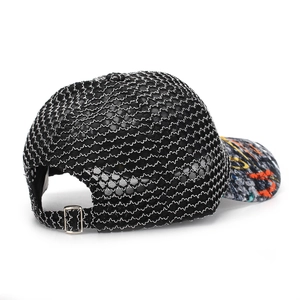 Black mesh breathable baseball cap with silver wavy stitching and graffiti pattern brim