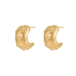 Retro C-shape gold earrings with embossed star texture for a vintage aesthetic look