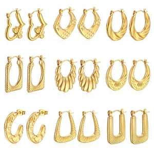 Stainless Steel Earrings 18K Gold Plated Geometric Textured Hoop Stud Vintage Fashion Jewelry For Women Elegant Stylish