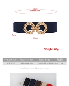 Size chart showing 65cm elastic belt with 12cm gold metal chain buckle and dimensions