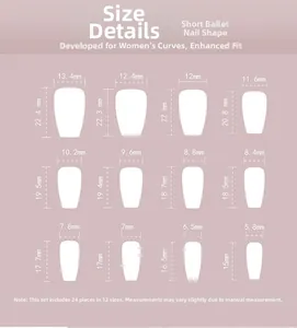 Size chart for 24pcs short ballerina press on nails showing 12 different width and height options