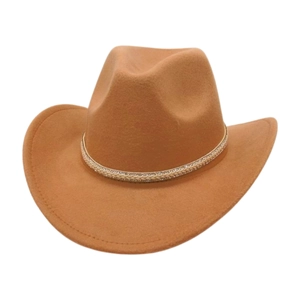 Detail of camel wool felt cowboy hat featuring a rhinestone embellished braided band
