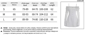 Size chart detail for off-shoulder A-line mini dress with sleeve and bust measurements