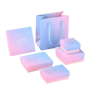 Blue and pink gradient jewelry gift box set with matching paper shopping carry bag