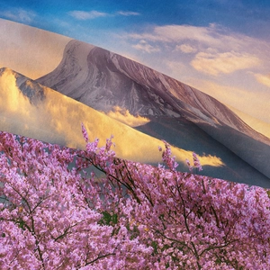 Detailed view of Mt Fuji digital print on textured bohemian tapestry fabric