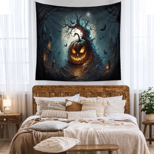 Macro detail of Halloween tapestry featuring pumpkin, bats and castle in a bedroom setup