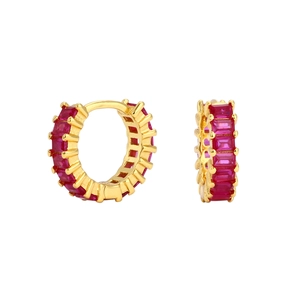 Detailed close-up of S925 sterling silver gold hoop earrings with red zircon stones
